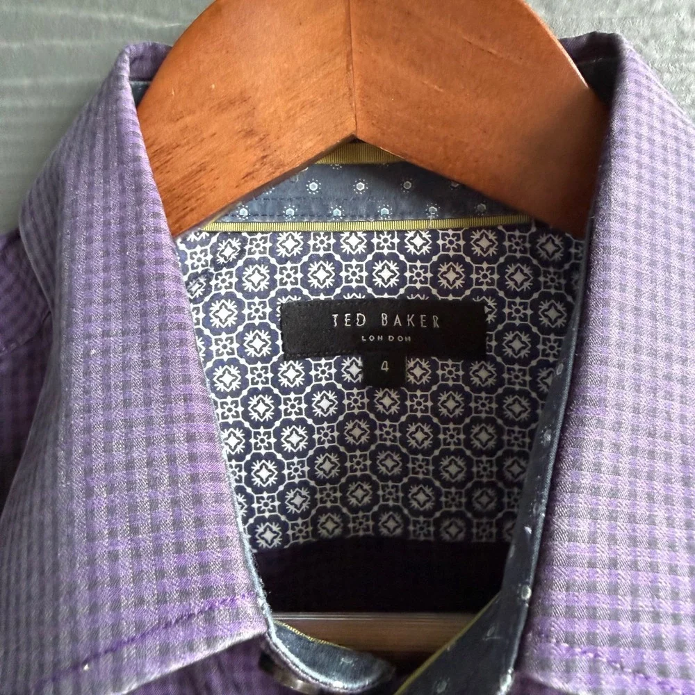 Ted Baker London Purple Check Dress Shirt 100% Cotton Button Front Size 4